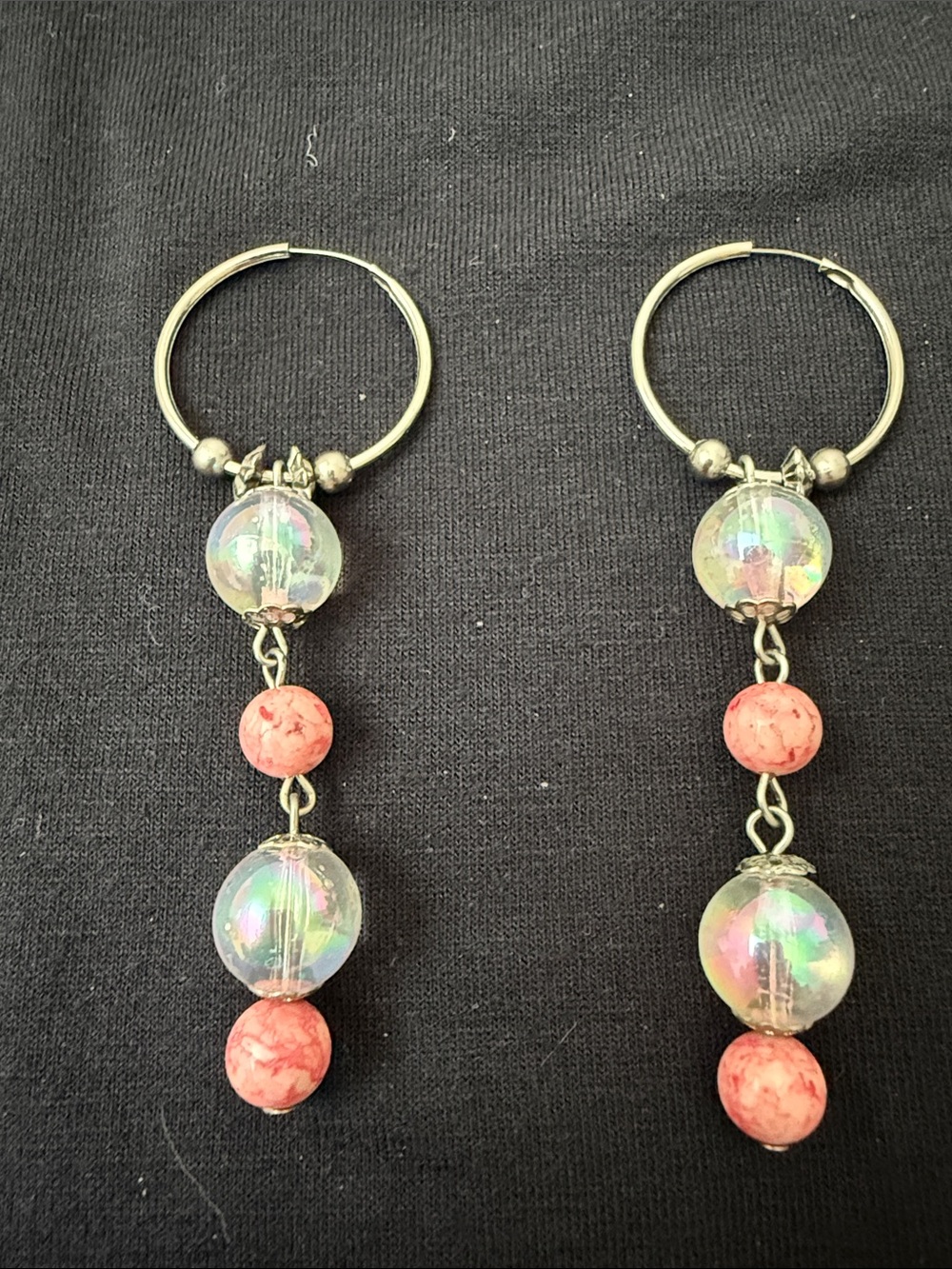 Iridescent Glass and Pink Bead Drop Hoop Earrings